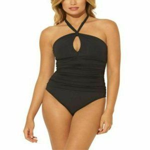 Bleu Rod Beattie Black Keyhole Shirred Halter One-Piece Swimsuit Size 8 NWT